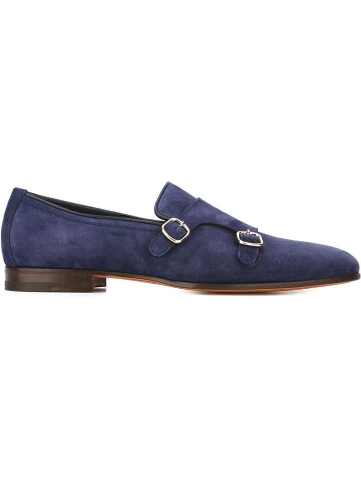 Santoni Classic Monk Shoes, Men's, Size: 9, Blue, Suede/leather