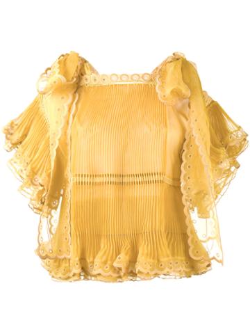 Chloé - Sheer Pleated Scalloped Blouse - Women - Silk/polyester - 36, Yellow/orange, Silk/polyester