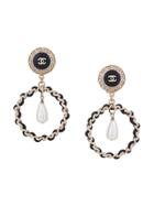 Chanel Vintage Logo Dangling Hoop Earrings - Black
