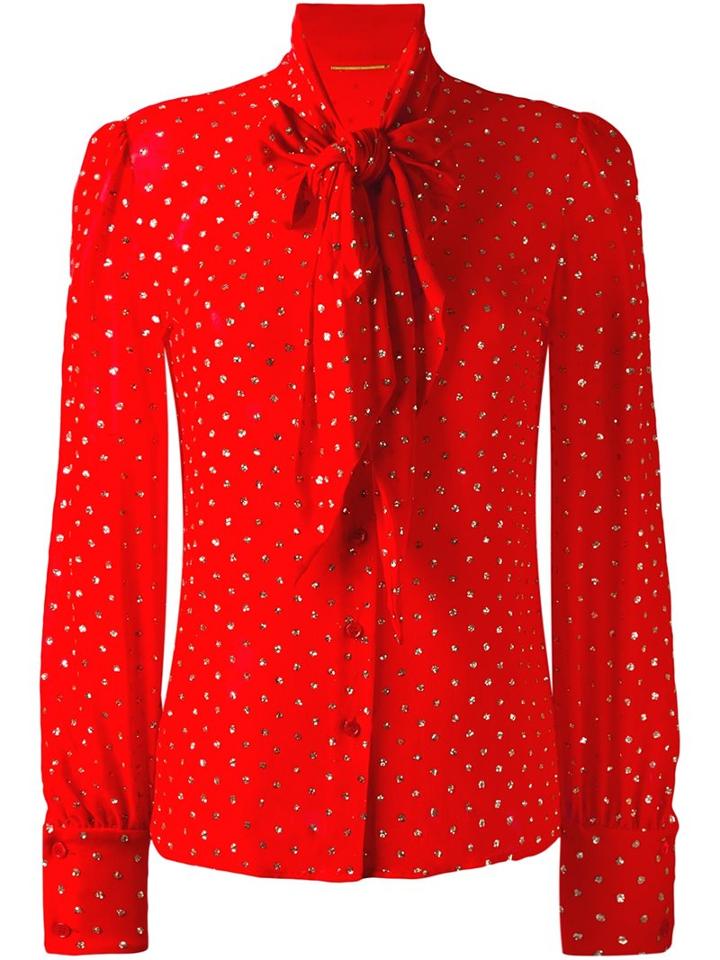 Saint Laurent Dot Pattern Pussybow Blouse, Women's, Size: 40, Red, Silk