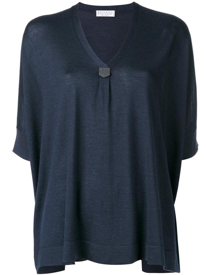 Brunello Cucinelli Loose Fit V-neck Jumper, Women's, Size: Medium, Blue, Cotton/silk/brass