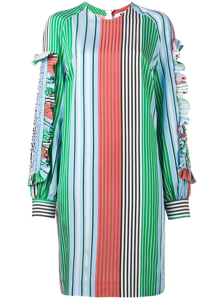 Msgm Ruffled Trim Striped Dress, Women's, Size: 44, Green, Cotton/viscose