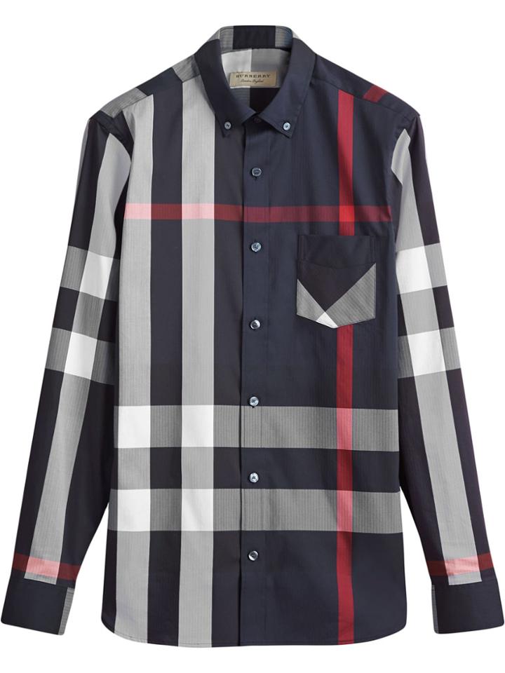Burberry Button-down Collar Check Stretch Cotton Blend Shirt - Black