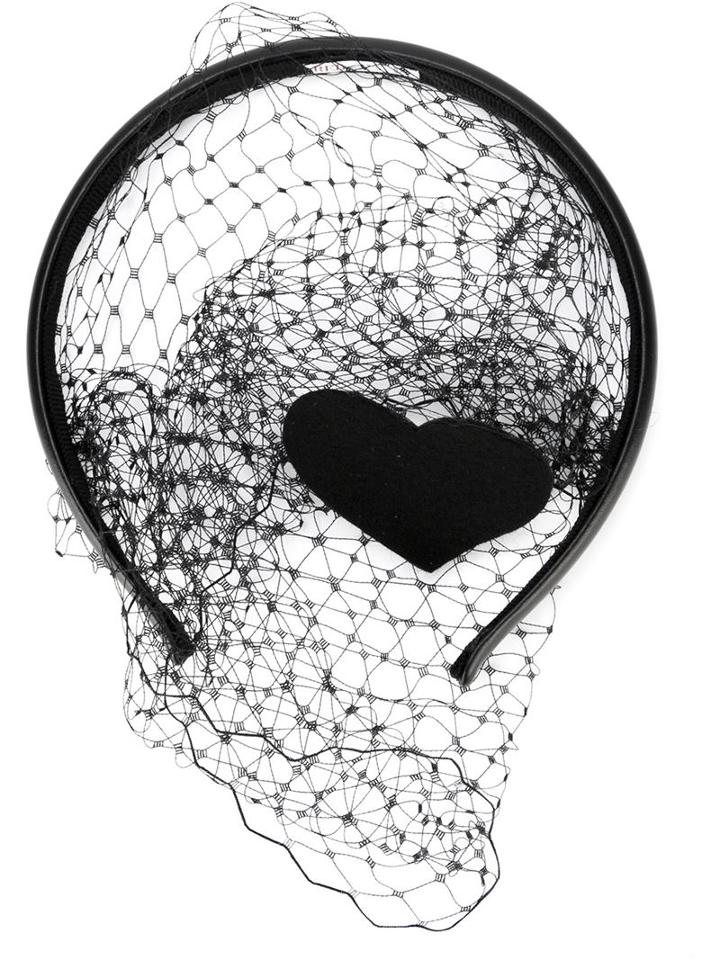 Red Valentino Heart Appliqué Veil Headband, Women's, Black, Leather/nylon