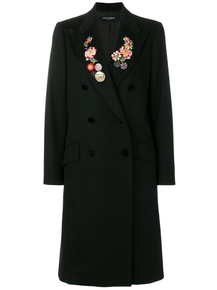 Dolce & Gabbana Double-breasted Floral Embroidered Coat - Black