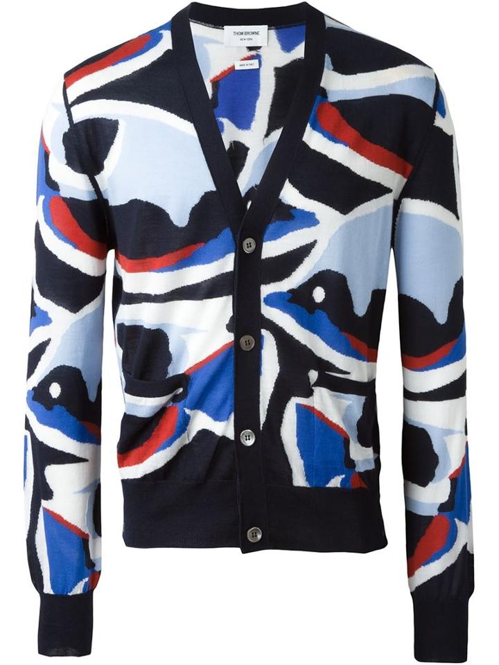 Thom Browne Intarsia V-neck Cardigan, Men's, Size: 2, Blue, Cashmere