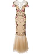 Marchesa Notte Floral Embroidery Fitted Gown - Nude & Neutrals
