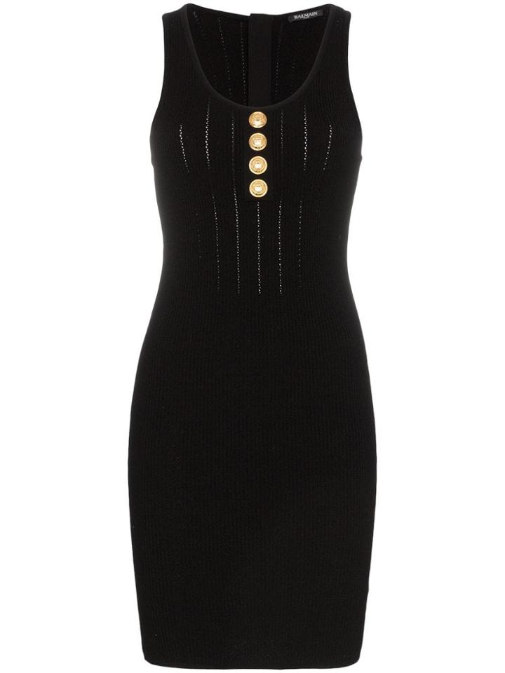 Balmain Sleeveless Button Detail Knit Mini Dress - Black