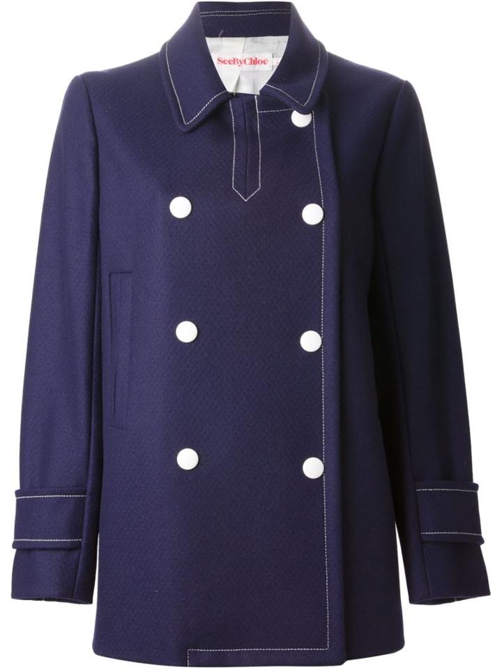 See By Chloé Double Breasted Coat, Women's, Size: 46, Blue, Polyamide/viscose/wool