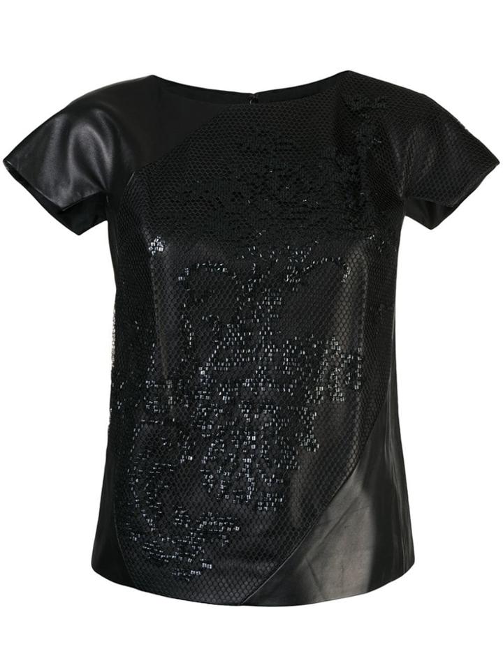 Rubin Singer Embroidered Mesh-overlay Top - Black