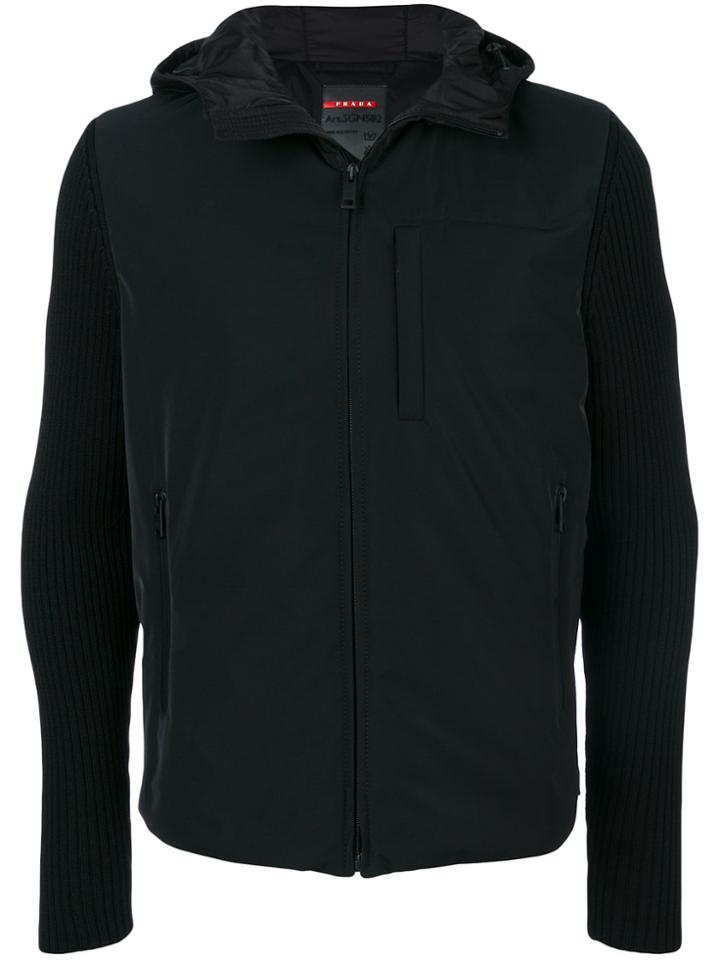 Prada Ribbed Sleeve Hooded Jacket - Black