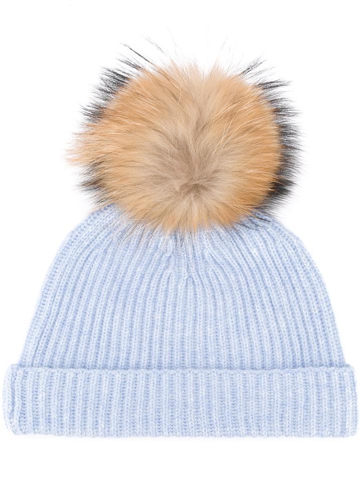 N.peal Detachable Pom Ribbed Hat, Women's, Blue, Cashmere/racoon Fur