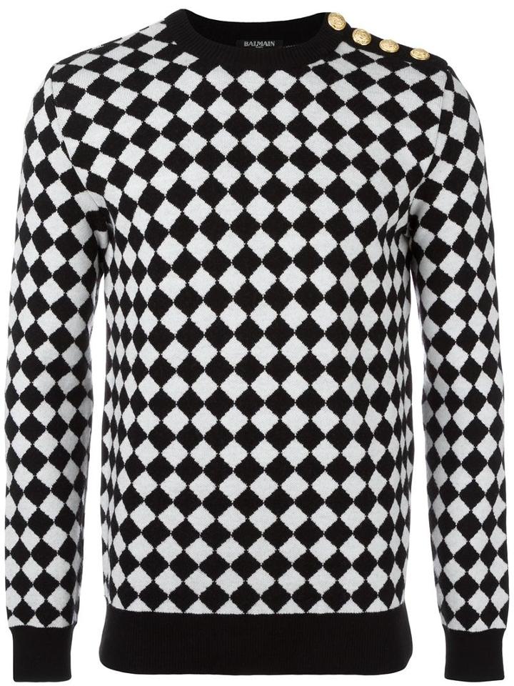 Balmain Checkered Jumper, Men's, Size: Large, Black, Merino