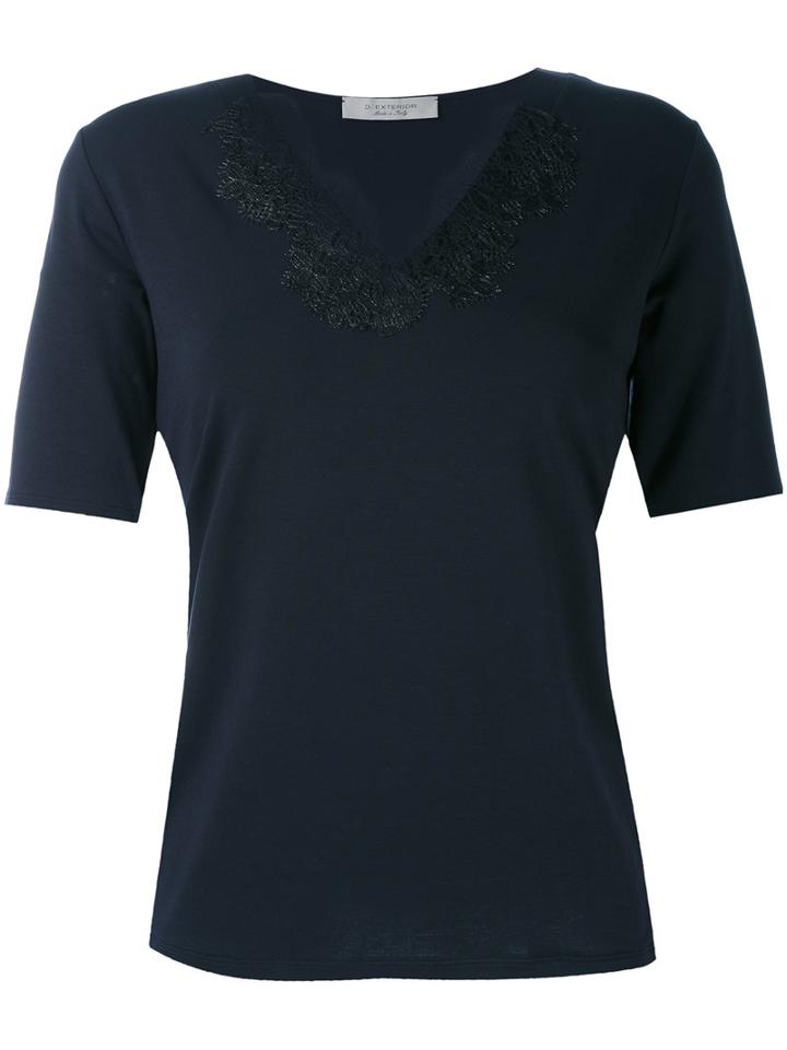 D.exterior - Lace Appliqué V-neck T-shirt - Women - Viscose/lacquer - Xxl, Blue, Viscose/lacquer