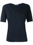 D.exterior - Lace Appliqué V-neck T-shirt - Women - Viscose/lacquer - Xxl, Blue, Viscose/lacquer