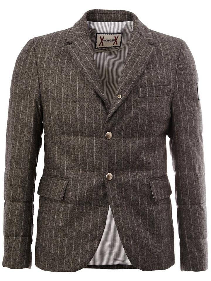 Moncler Gamme Bleu Snap Button Pinstripe Blazer, Men's, Size: 1, Grey, Cotton/rayon/wool