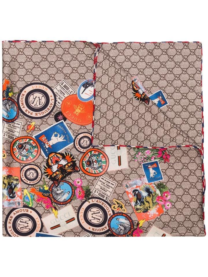 Gucci Courrier Print Silk Scarf - Brown