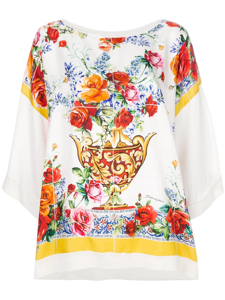 Dolce & Gabbana - Maioliche Print Top - Women - Silk - 48, White, Silk