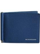 Burberry Grainy Leather Money Clip Card Wallet - Blue