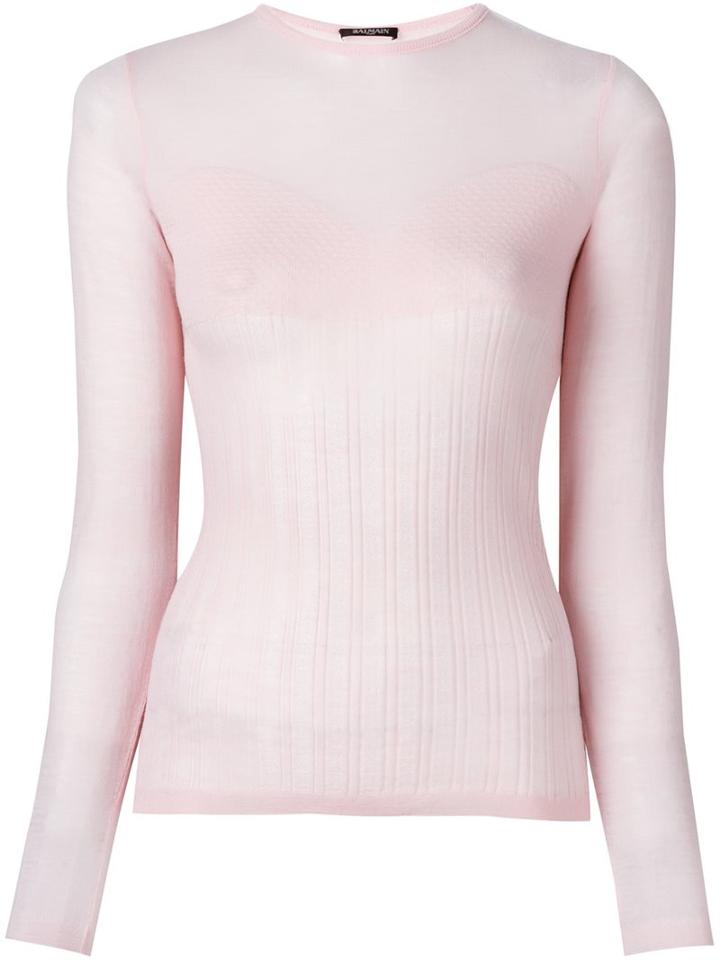 Balmain Ribbed Knit Top, Women's, Size: 38, Pink/purple, Wool