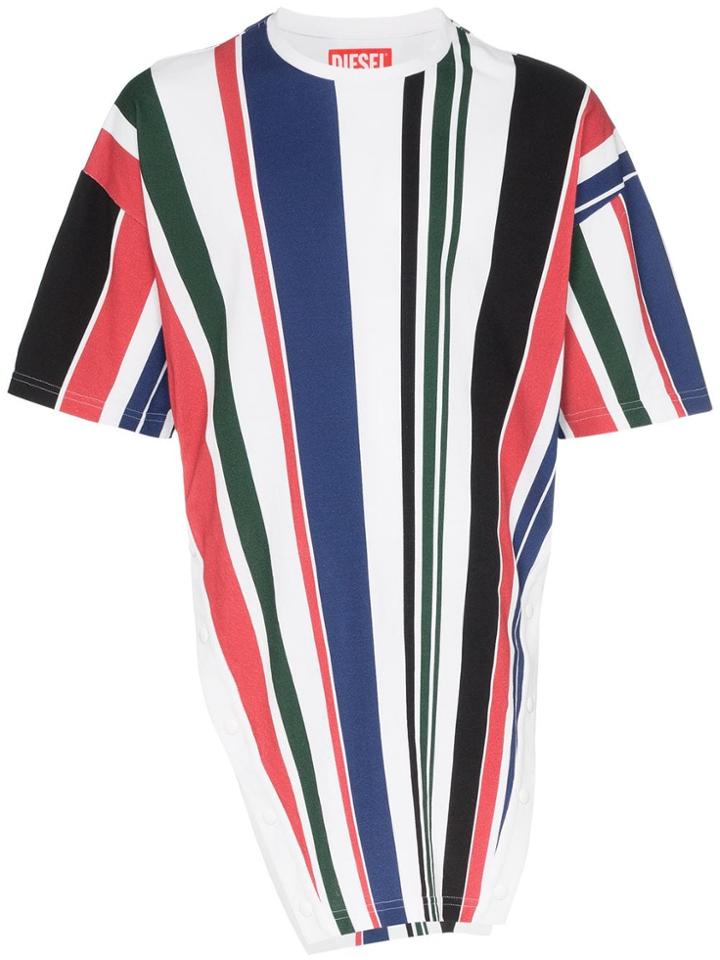 Diesel Red Tag Red And Blue Popper Button Stripe Print Cotton T Shirt
