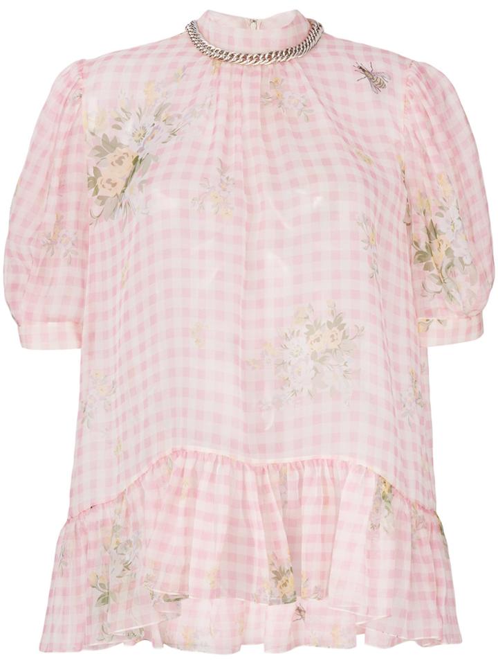Christopher Kane Gingham Puff Sleeve Top - Pink & Purple