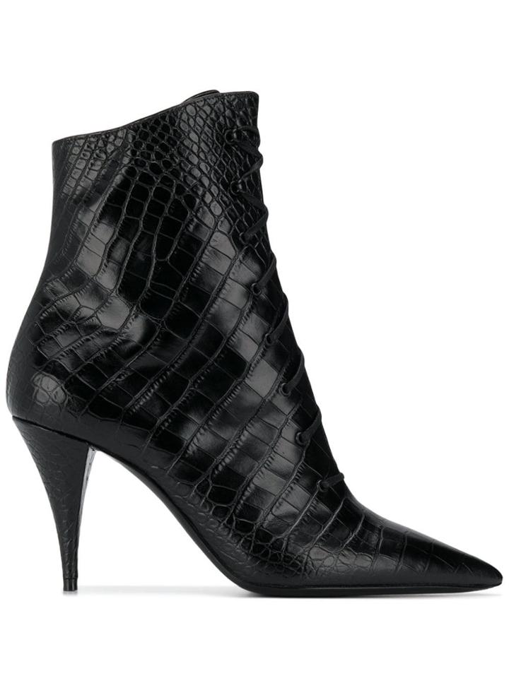 Saint Laurent Lace-up Crocodile Embossed Boots - Black