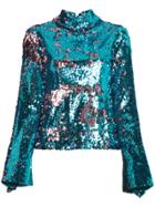 Halpern Blue Sequinned High Neck Top