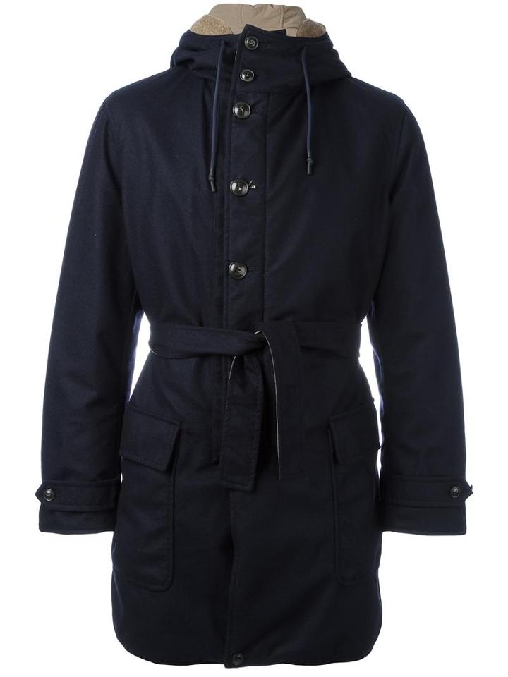 Tokyo-firenze Belted Hooded Coat, Men's, Size: 52, Blue, Nylon/polyester/wool/merino