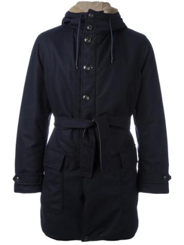 Tokyo-firenze Belted Hooded Coat, Men's, Size: 52, Blue, Nylon/polyester/wool/merino