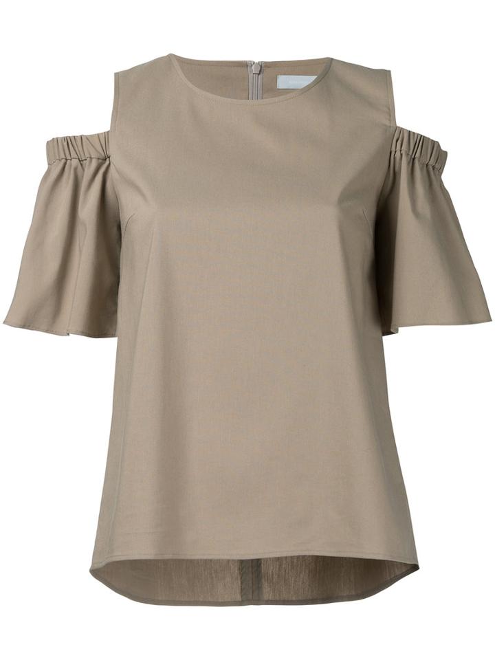 Estnation - Frill Sleeve Cold Shoulder Top - Women - Polyester - 36, Brown, Polyester