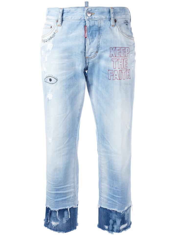 Dsquared2 Keep The Faith Embroidered Cropped Jeans, Women's, Size: Xs, Blue, Cotton/polyamide/polyester/cotton