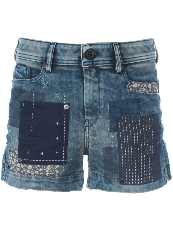 Diesel Patchwork Denim Shorts, Women's, Size: 27, Blue, Cotton/spandex/elastane