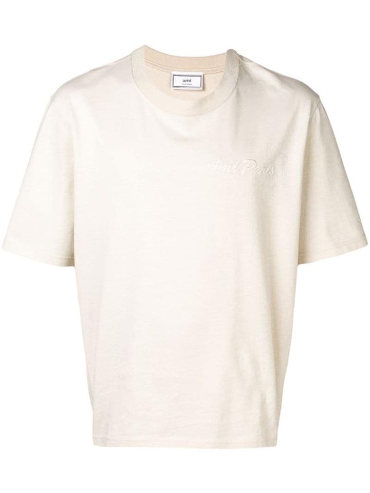 Ami Paris Crewneck Tee With Ami Paris Embroidery - Neutrals