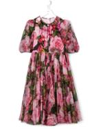 Dolce & Gabbana Kids - Rose Print Dress - Kids - Silk/polyester/viscose - 10 Yrs, Pink/purple