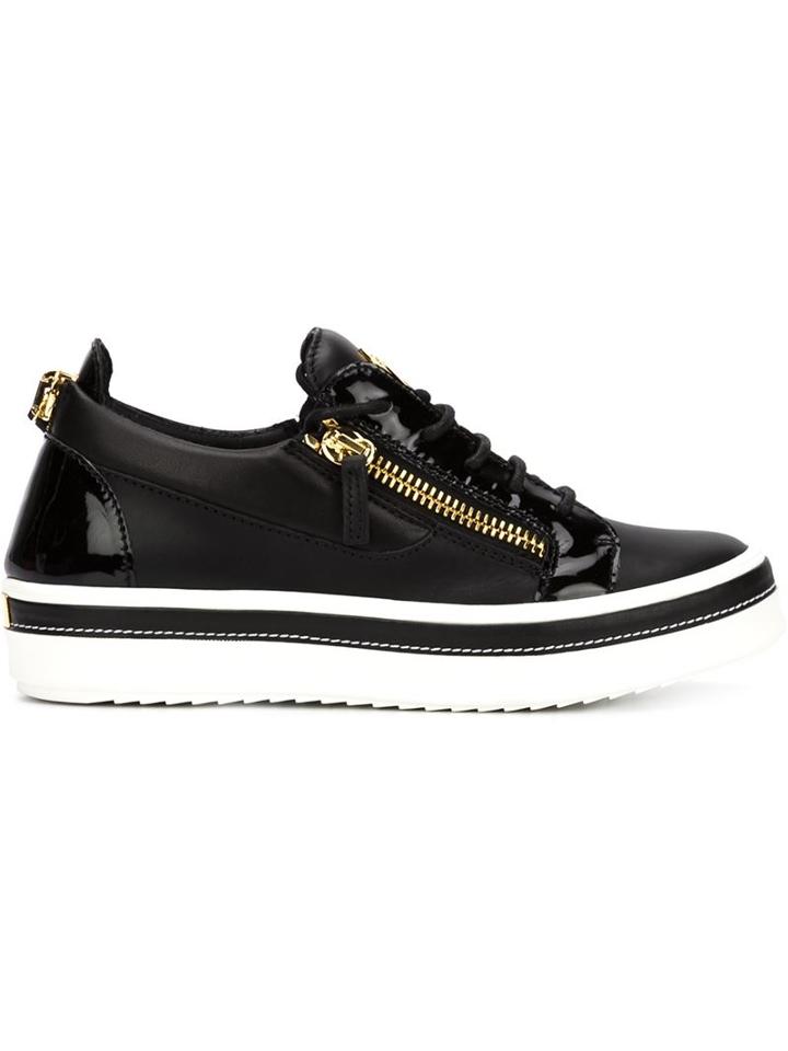 Giuseppe Zanotti Design Zip Detail Low Sneakers, Women's, Size: 37, Black, Calf Leather/patent Leather/rubber
