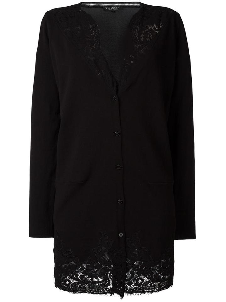 Twin-set Lace Detailing Buttoned Cardigan, Women's, Size: Large, Black, Cotton/polyamide/spandex/elastane/polyamide