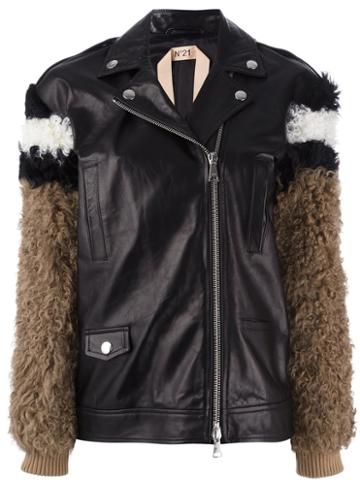 No21 Fur Sleeves Leather Jacket, Women's, Size: 40, Black, Lamb Skin/goat Fur/viscose