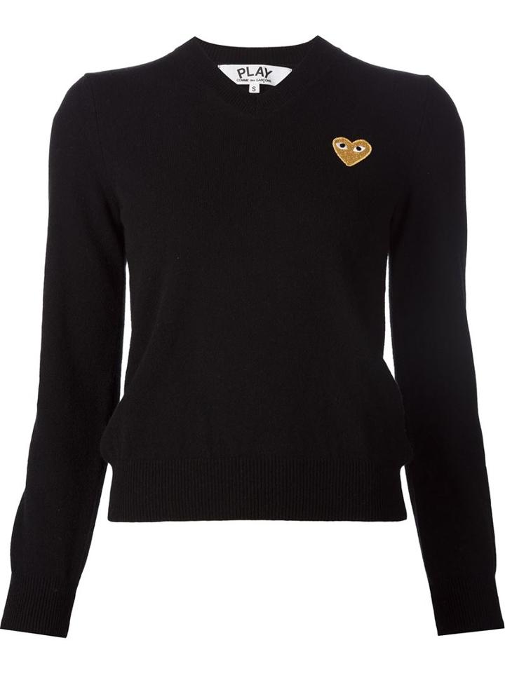 Comme Des Garçons Play Embroidered Heart V-neck Jumper, Women's, Size: Small, Black, Wool