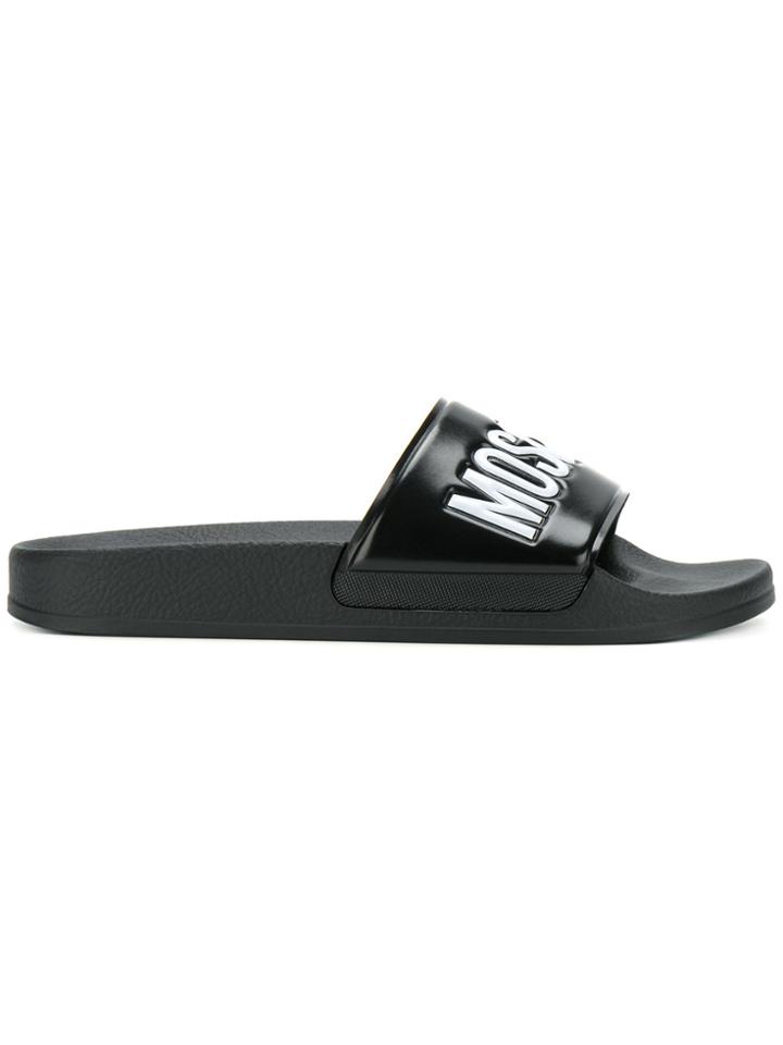 Moschino Logo Print Pool Sliders - Black