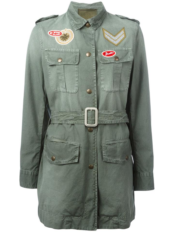 Mr & Mrs Italy Embroidered Patch Belted Jacket, Women's, Size: 42, Green, Cotton/acrylic/metal/pvc