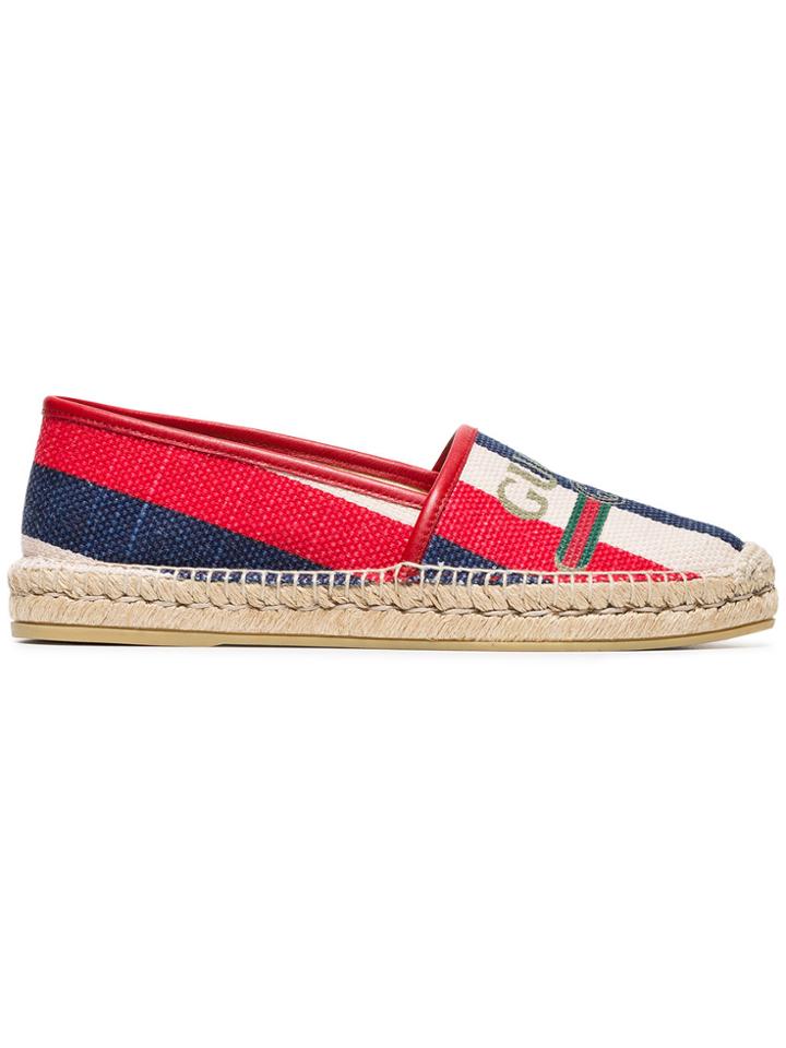 Gucci Blue, Red And Cream Sylvie Logo Stripe Canvas Espadrilles