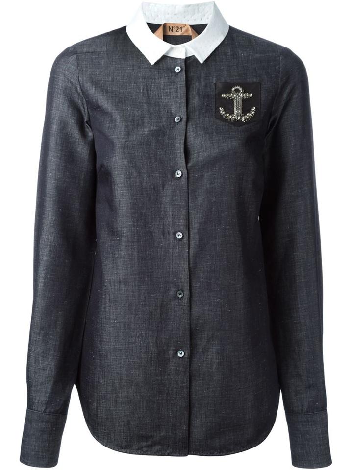 No21 Embellished Anchor Patch Shirt, Women's, Size: 40, Blue, Cotton/linen/flax