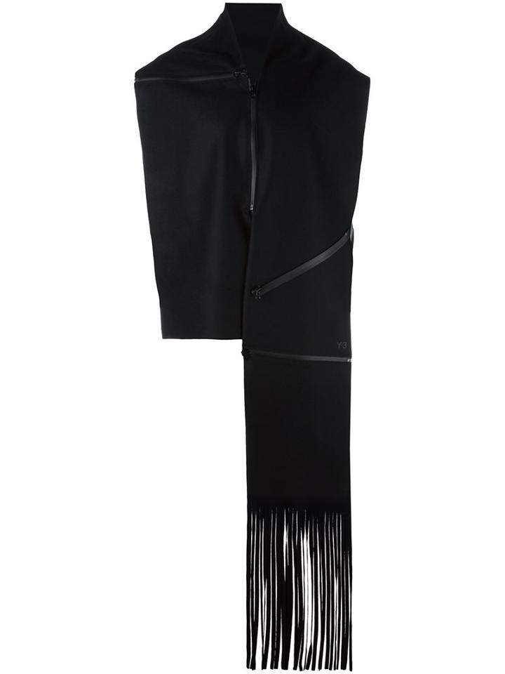 Y-3 Zippered Fringed Scarf, Adult Unisex, Black, Wool