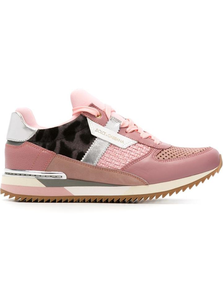 Dolce & Gabbana Panelled Sneakers, Women's, Size: 37.5, Pink/purple, Cotton/calf Leather/spandex/elastane/rubber