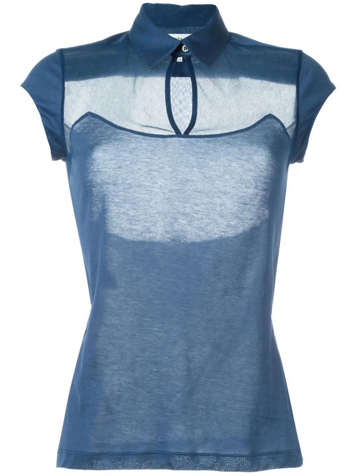 Maison Margiela Sheer Panel Polo Shirt, Women's, Size: 44, Blue, Cotton