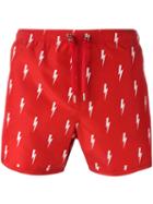 Neil Barrett Lightning Bolt Print Swim Shorts, Size: Medium, Red, Polyester