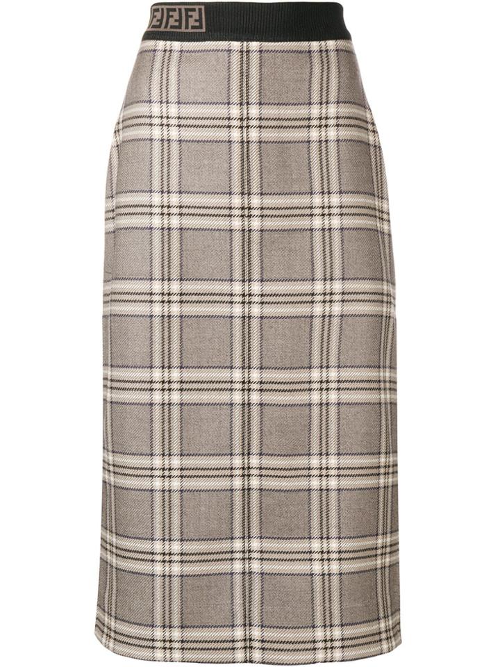Fendi Monogram Band Checked Midi Skirt - Brown