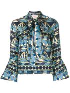 La Doublej Geometric Neck-tied Blouse - Blue