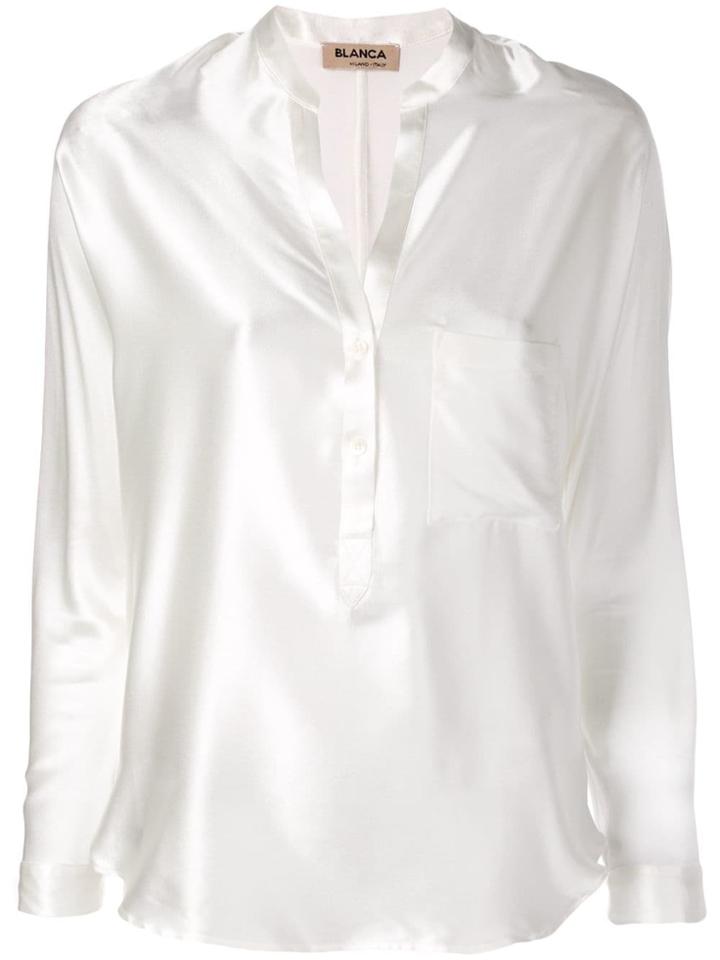 Blanca Collarless Satin Shirt - White